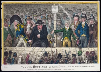 Uitzicht op de verkiezingsbijeenkomst in Covent Garden, uitgegeven door Hannah Humphrey in 1806