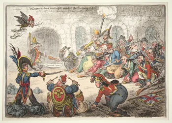 Westminster-rekruten onder de trainingswet, 1806 (handgekleurde gravure)