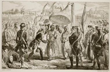 De ontmoeting van Lord Clive met Meer Jaffier, na de Slag bij Plassey, gegraveerd door Thomas Williams