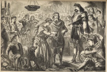 Vortigern (Gwrtheyrn) (5e eeuw) Koning van de Britten en Rowena - Rowena, dochter van Hengist, biedt wijn aan Vortigern, stamkoning van de Britten - Vortigern, Koning van Brittannië, verliefd op Rowena tijdens het banket van Hengist, de Saksische generaal 