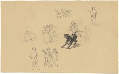 Blaffende hond en studies voor militietraining, ca. 1841 (grafiet)