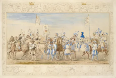 Voortzetting van het gevolg van de Markies van Waterford, Ridder van de Draak en Burggraaf Alford, Ridder van de Zwarte Leeuw, 1839 (potlood, aquarel, gouache en goudverf op papier)