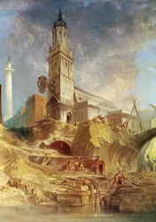 Sloop van de oude London Bridge, met St. Magnus de Martelaar erachter