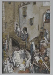 Een vrouw roept in de menigte, illustratie uit Het leven van onze Heer Jezus Christus, 1886-94