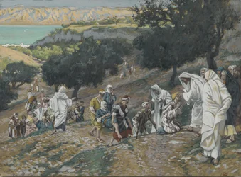 Jezus geneest de blinden en lammen op de berg, illustratie uit Het leven van onze Heer Jezus Christus