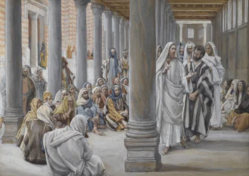Jezus loopt in de zuilengang van Salomo