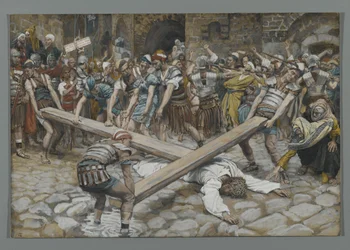 Simon van Cyrene Gedwongen om het Kruis met Jezus te Dragen, illustratie uit Het Leven van Onze Heer Jezus Christus, 1886-94