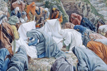 De heilige maagd kust het gezicht van Christus voordat het in de lijkwade wordt gewikkeld, illustratie voor Het leven van Christus
