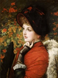 Schoonheidstype: portret van mevrouw Kathleen Newton in een rode jurk en zwarte muts, 1880