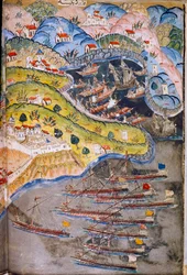 Piraten vallen Nice, Frankrijk, bezet door het Romeinse Rijk, aan in 1543. Topkapi Museum, Istanbul, Turkije