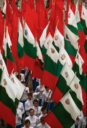 Optocht van Bulgaarse vlaggen tijdens de viering van de nationale feestdag. Sofia, Bulgarije.