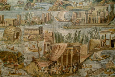 Romeins mozaïek dat een fantasierijk uitzicht op de Nijl in overstroming toont. Archeologisch Museum