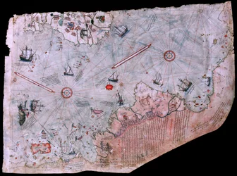 De kaart van Piri Reis Haritasi voltooid in 1513. TOPKAPI PALEIS MUSEUM, ISTANBUL, TURKIJE.