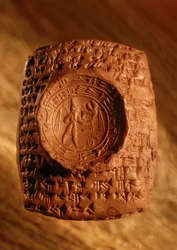 Bij opgraving werd dit zegel uit Ugarit ontdekt met spijkerschrift en figuren