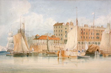 Uitzicht op Billingsgate Wharf en markt met schepen en mensen, City of London