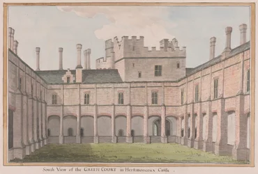Herstmonceux Castle, East Sussex: Zuidelijk uitzicht op de groene binnenplaats
