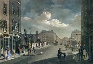 Uitzicht vanaf Capel Street, kijkend over Essex Bridge, Dublin, uit "Een set van twintig uitzichten van Dublin", 1797