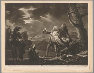 David Garrick als koning Lear met de graaf van Kent en Edgar vermomd als Tom in een stormachtig landschap