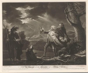 David Garrick als koning Lear met de graaf van Kent en Edgar vermomd als Tom in een stormachtig landschap