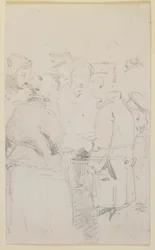 Een groep figuren rond een vuurkorf