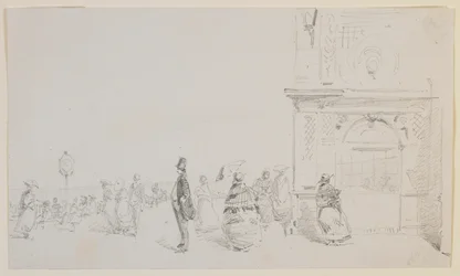 Een groep figuren op een esplanade