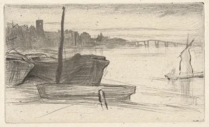 Chelsea Bridge en kerk, uit de Theems-serie (Een reeks van zestien etsen met scènes aan de Theems en andere onderwerpen)