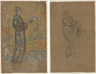 Japanse vrouw die een waaier beschildert (recto); staande vrouw die haar jurk optilt (verso)