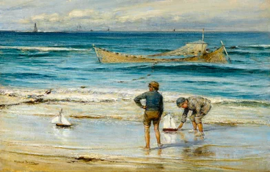 Zeilende speelgoedboten aan de kust