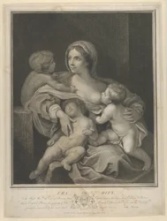 Liefdadigheid zittend met een zuigeling, een ander slapend op haar schoot en een derde pratend met haar, 1793