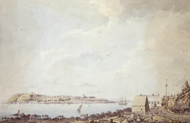 Een uitzicht vanaf de stad Quebec, de hoofdstad van Canada, genomen vanaf het veerhuis aan de overkant van de rivier, 3 oktober 1784