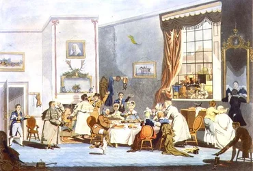 Passagiers van de postkoets bij het ontbijt (gravure)