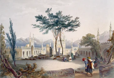 Moskee van Goolaum Hoossein Huzrut-Jee, de grote profeet van de Afghanen, en de graven van de koningen in Kandahar, plaat 30 uit „Scenery, Inhabitants and Costumes of Afghanistan“, gegraveerd door R. Carri