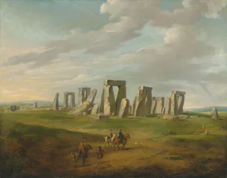 Stonehenge met een koets en reizigers te paard