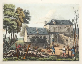 Kasteel van Hougoumont: toont de doden die worden begraven na de slag