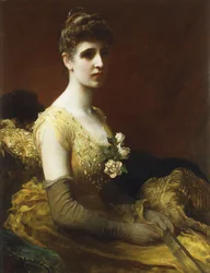 Portret van Lady Dixon van Rheda, driekwart lengte, zittend in een gele jurk met bloemen en een waaier