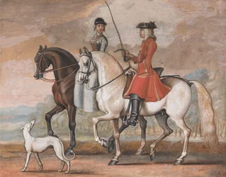 Een heer op een afgericht paard rijdt uit met een dame