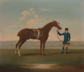 Een van de vier portretten van paarden - een kastanjebruin paard ( Old Partner) gehouden door een bruidegom: staand naar rechts, met blauw zadeldek omboord met goud; de bruidegom in...