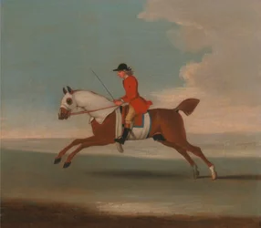 Een van vier portretten van paarden - een kastanjebruin renpaard getraind door een trainer in een rode jas: galopperend naar links, het paard draagt witte zweetdekens op hoofd, nek en lichaam