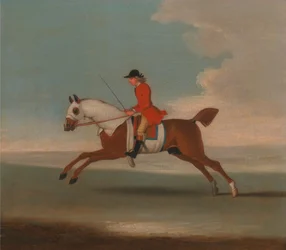 Een van de vier portretten van paarden - een voskleurig renpaard getraind door een trainer in een rode jas: galopperend naar links, het paard draagt witte zweetbedekkingen op hoofd, nek en lichaam