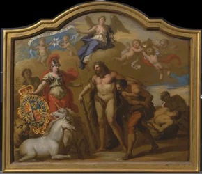 Allegorie op de macht van Groot-Brittannië over land, ontwerp voor een decoratief paneel voor de ceremoniële koets van George I