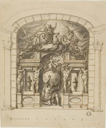 Ontwerp voor toneeldecor (Hampton Court) met mythologische figuren