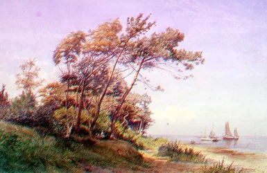 Een picknick aan de kust, Isle of Wight, met een jacht voor anker met de vlag van de Royal Yacht Squadron
