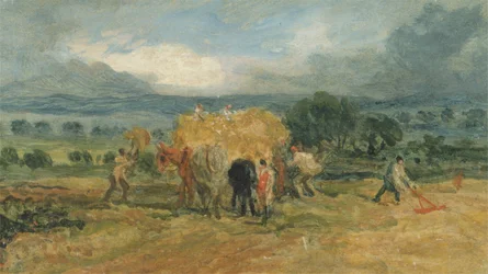 Een oogstscene met arbeiders die hooi op een boerderijwagen laden