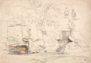 Een rotsachtige heuvel met bomen en figuren