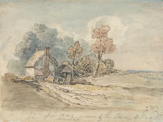 Een huisje met rieten dak en bomen bij de bocht van een landweg
