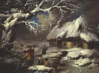 Figuren die takken verzamelen in een winterlandschap