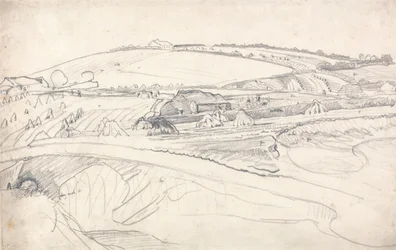 Landschap met een boerderij en maïsstengels