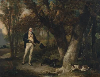 Portret van dominee Thomas Levett en zijn lievelingshonden tijdens de hanenjacht