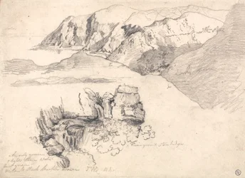 Studies van een heuvelachtige kust en een rotsachtige waterval