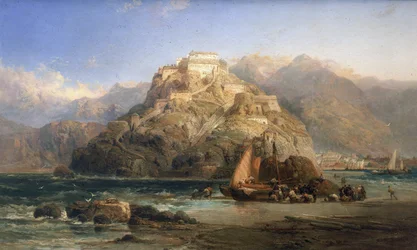 Uitzicht op San Sebastian (Spanje), in het midden, de berg Urgull en de gebouwen van het kasteel van Santa Cruz de la Mota. Olie op doek door James Webb (actief tussen 1853 en 1888)